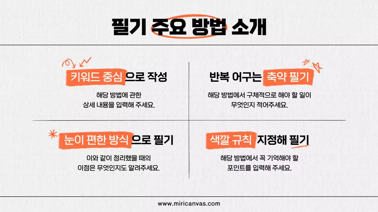 주황색과 검정의 키치한 필기 요소 활용 정보