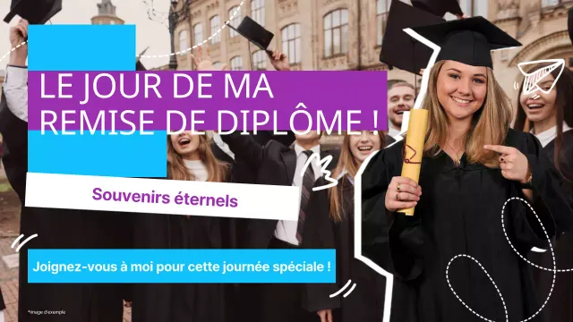 Publicité orange et blanche pour la remise des diplômes