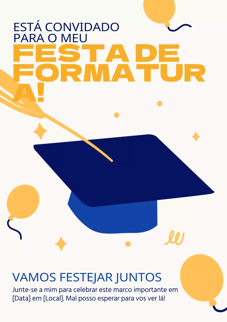 Convite de festa de formatura arrojado em azul e amarelo