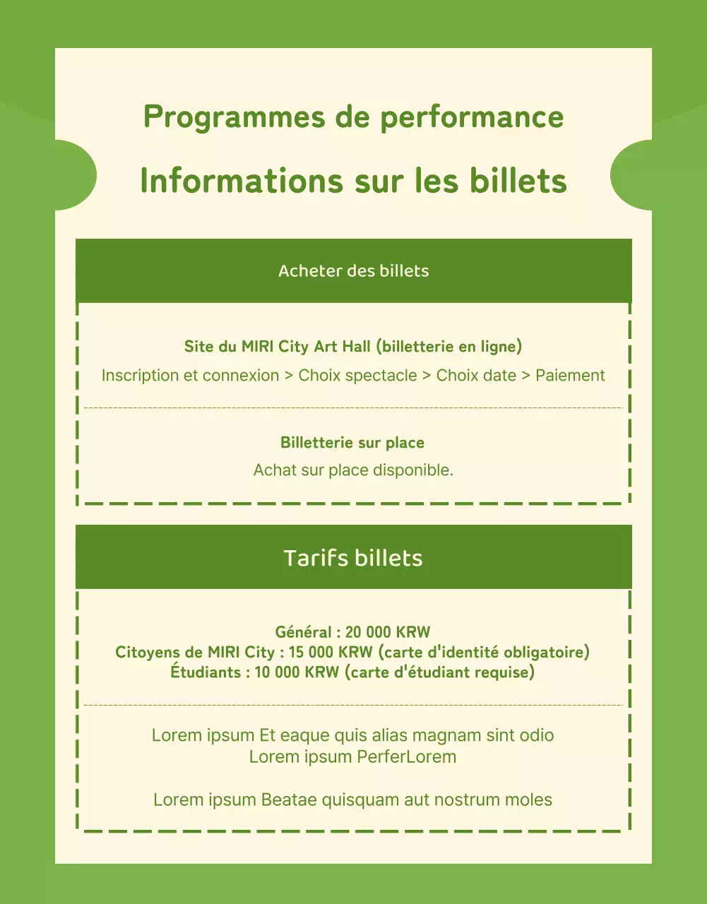 Informations sur le programme des spectacles dans cette salle accueillante aux couleurs vertes et ivoires.