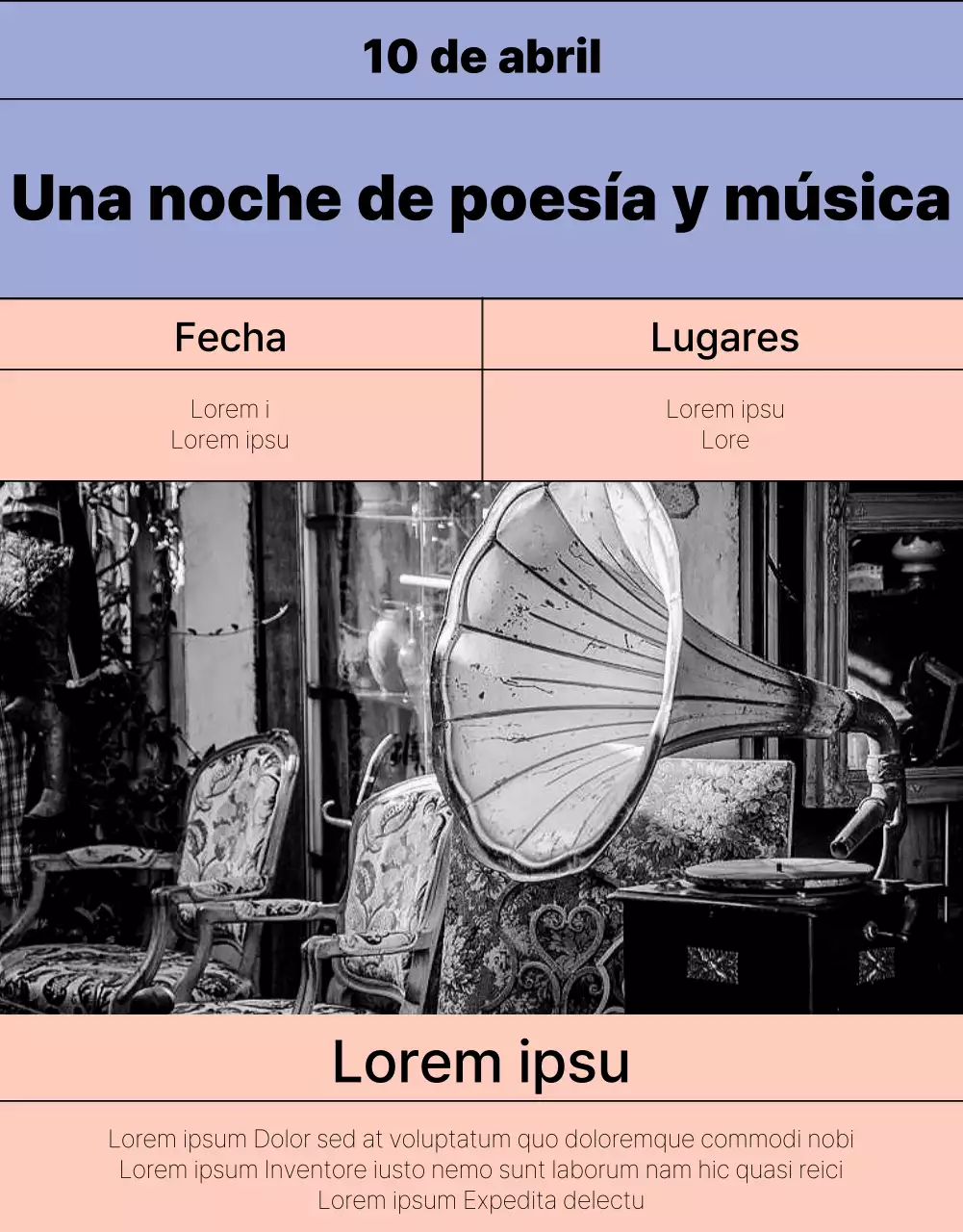 Información sencilla sobre el programa de espectáculos en malva y rosa