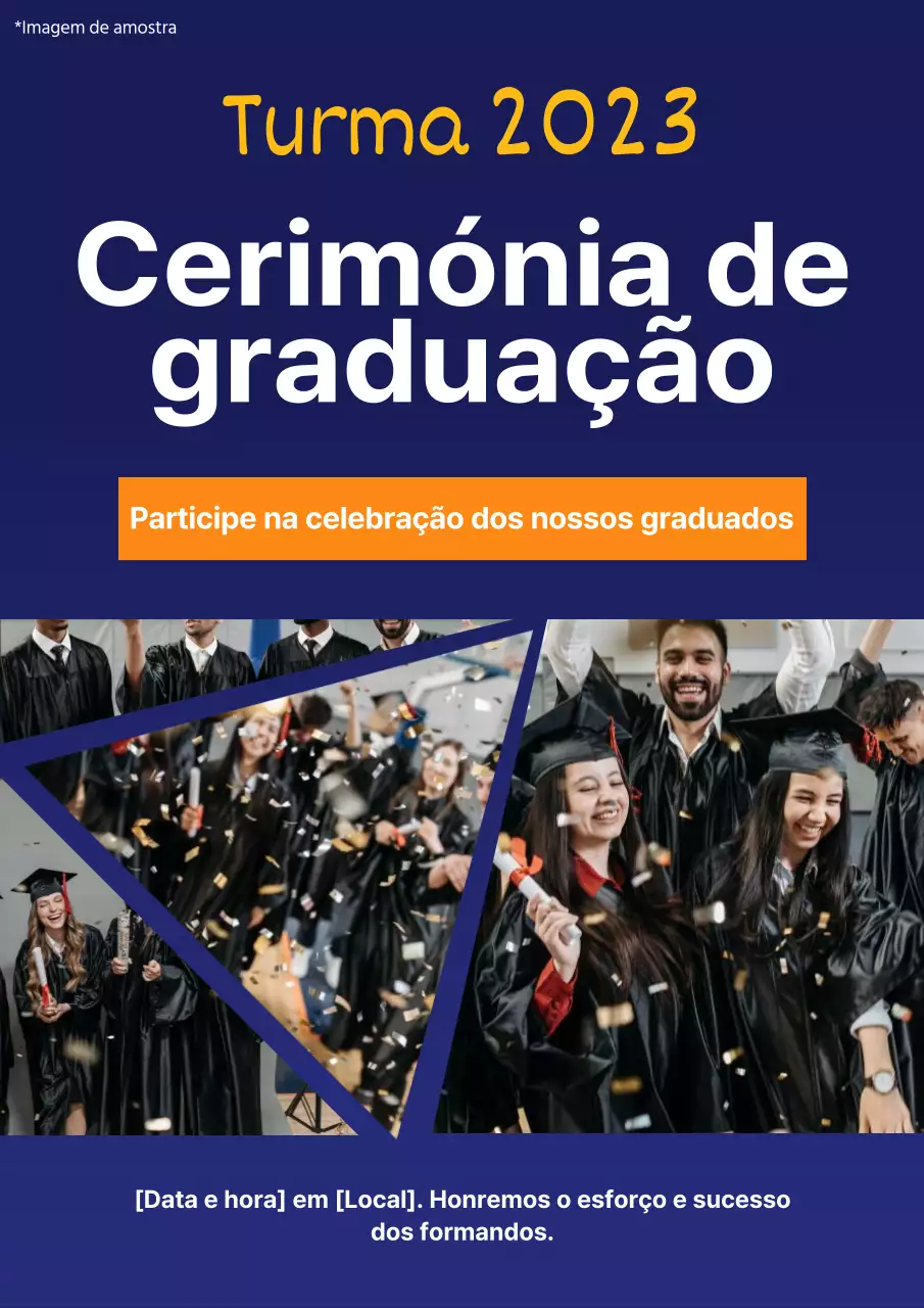 Um folheto para uma festa de boas-vindas a uma universidade com uma fotografia alegre de um estudante universitário.