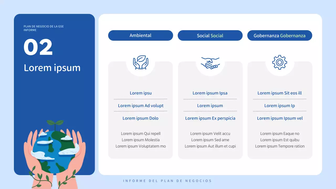 Un plan de negocio ESG bonito, azul y blanco
