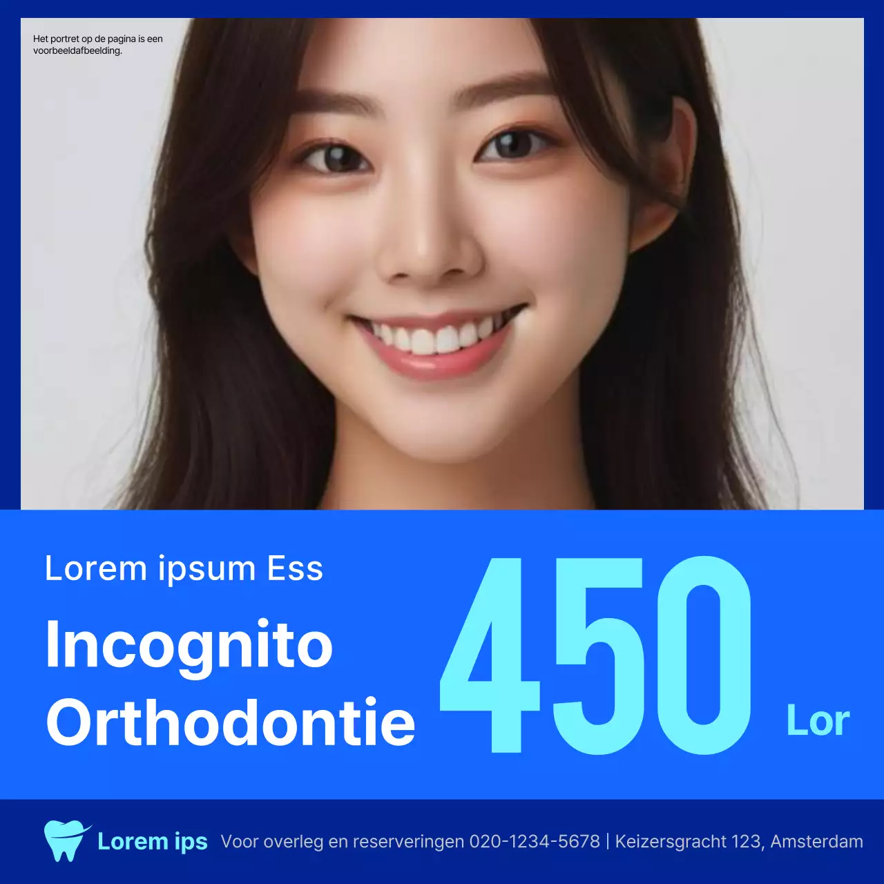 Eenvoudige orthodontische advertentie in blauw en marineblauw