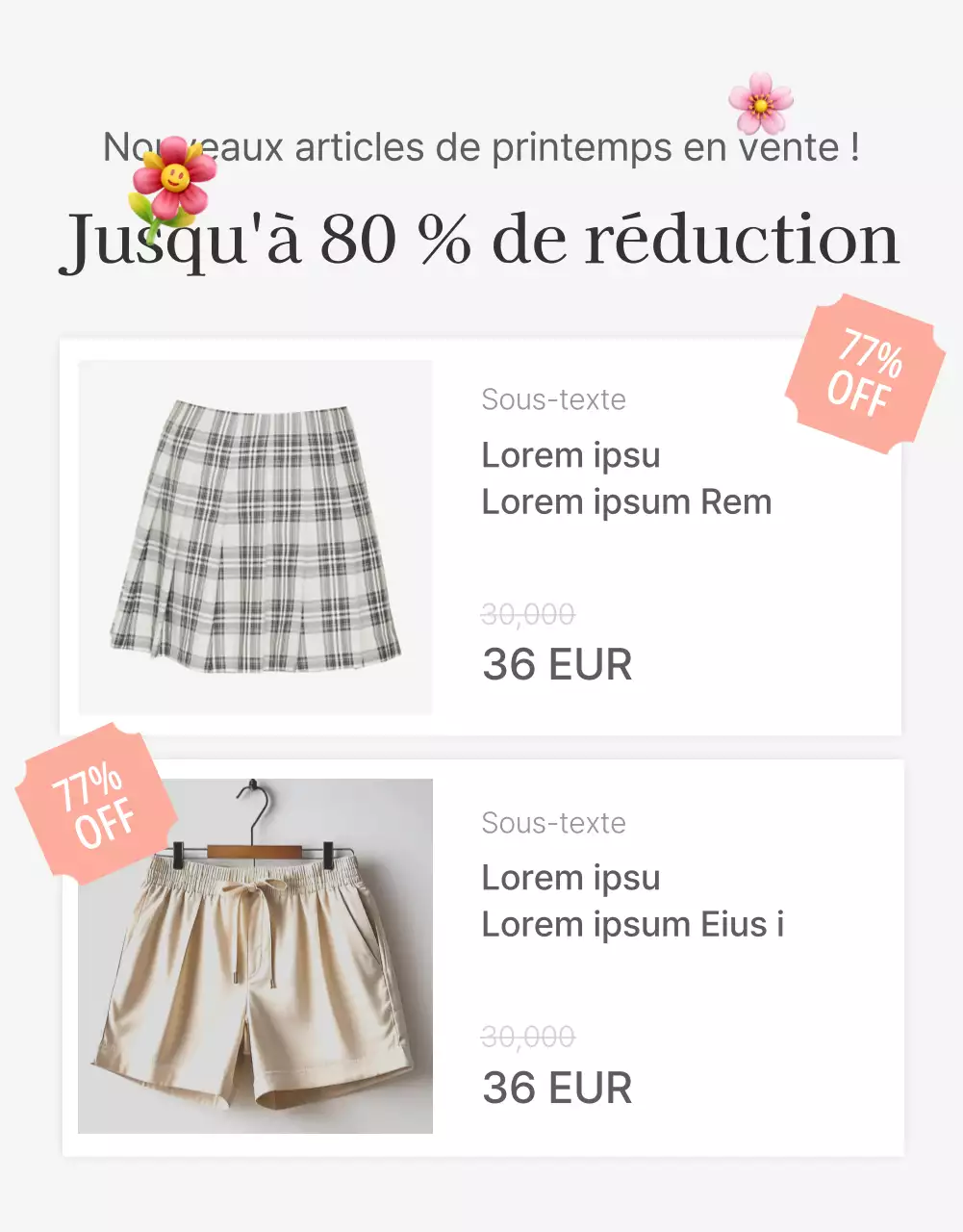 Une publicité pour un centre commercial de mode avec des emojis stylisés simples, blancs et gris.