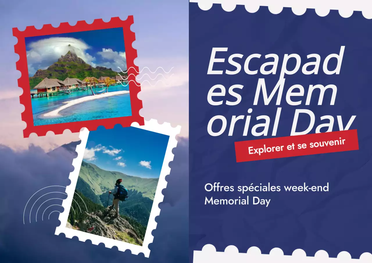 Publicité de voyage moderne bleu et rouge pour le Memorial Day