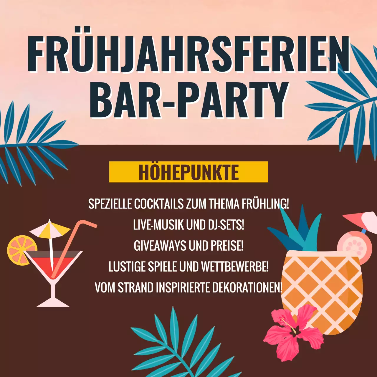 Die Spring Break Party-Kampagne der Trendy Bar in Blau und Orange