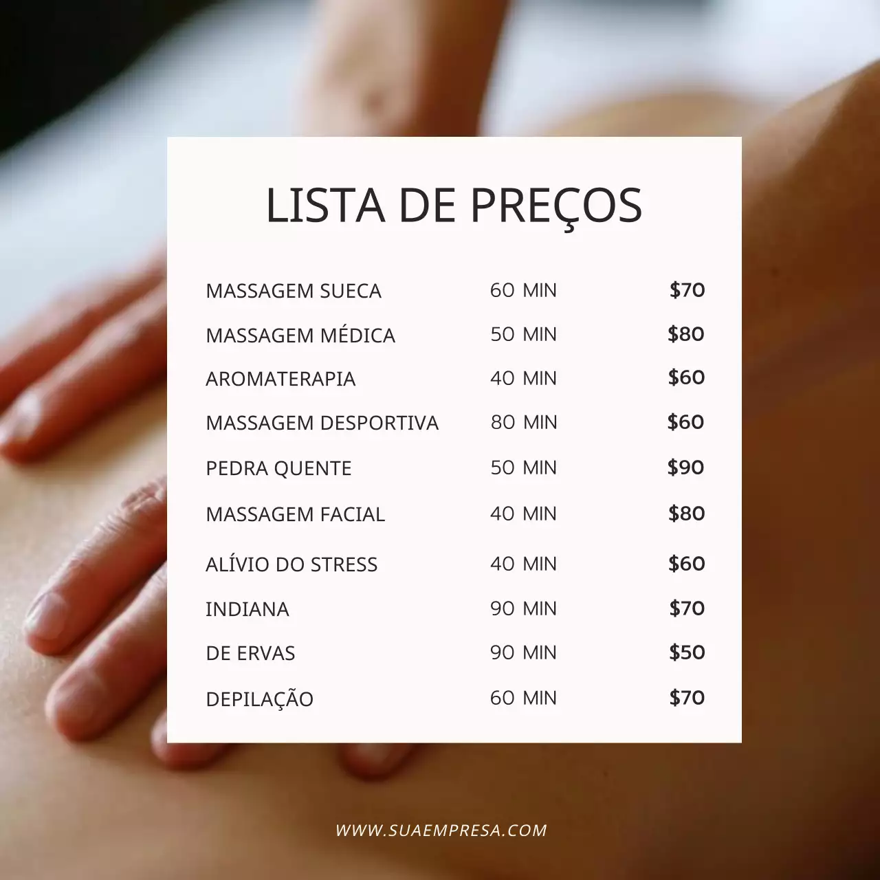 Promoção da lista de preços do Simple Massage Studio Bege e Preto