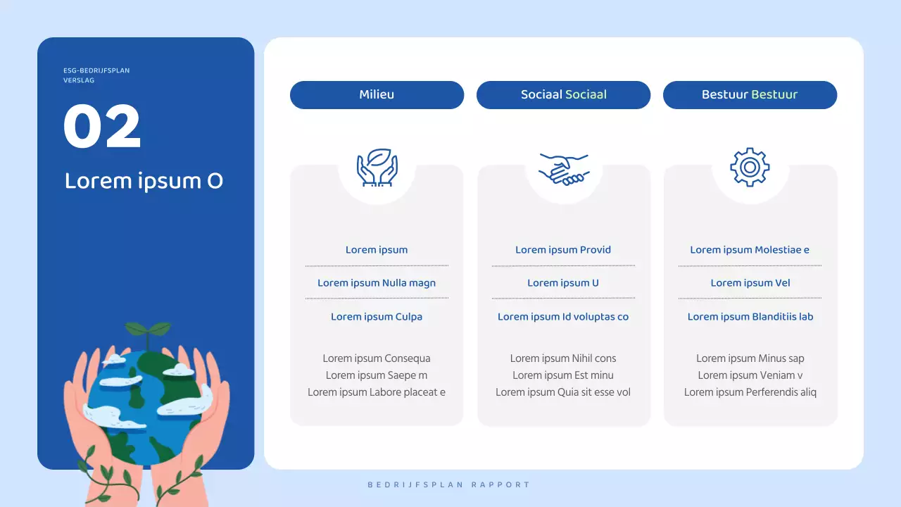 Een mooi, blauw en wit ESG-bedrijfsplan