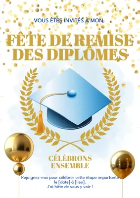 Invitation simple à une fête de fin d'études en bleu et jaune