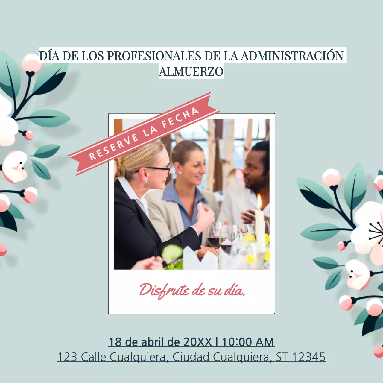 Invitación de época verde y blanca para el almuerzo del Día de los Profesionales de la Administración