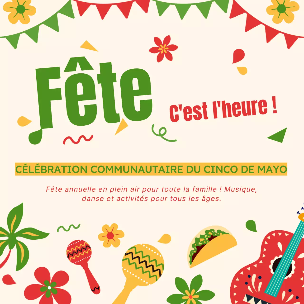 Publicité pour la célébration de l'événement Cinco De Mayo moderne vert et rouge