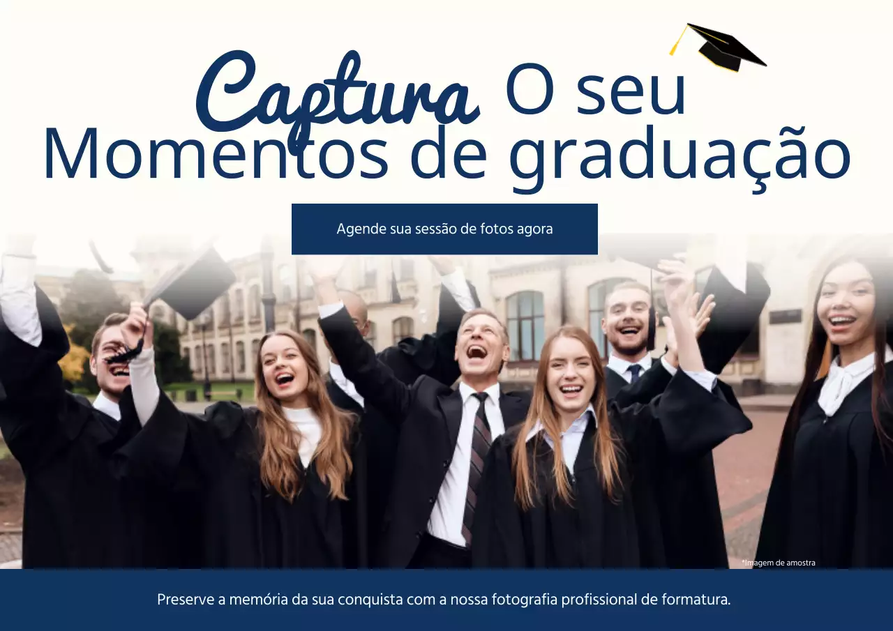 Publicidade de celebração de formatura simples em azul e branco