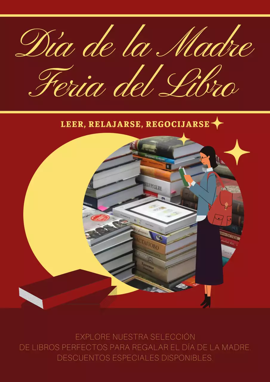 Sencillo anuncio rojo y amarillo de feria del libro para el Día de la Madre