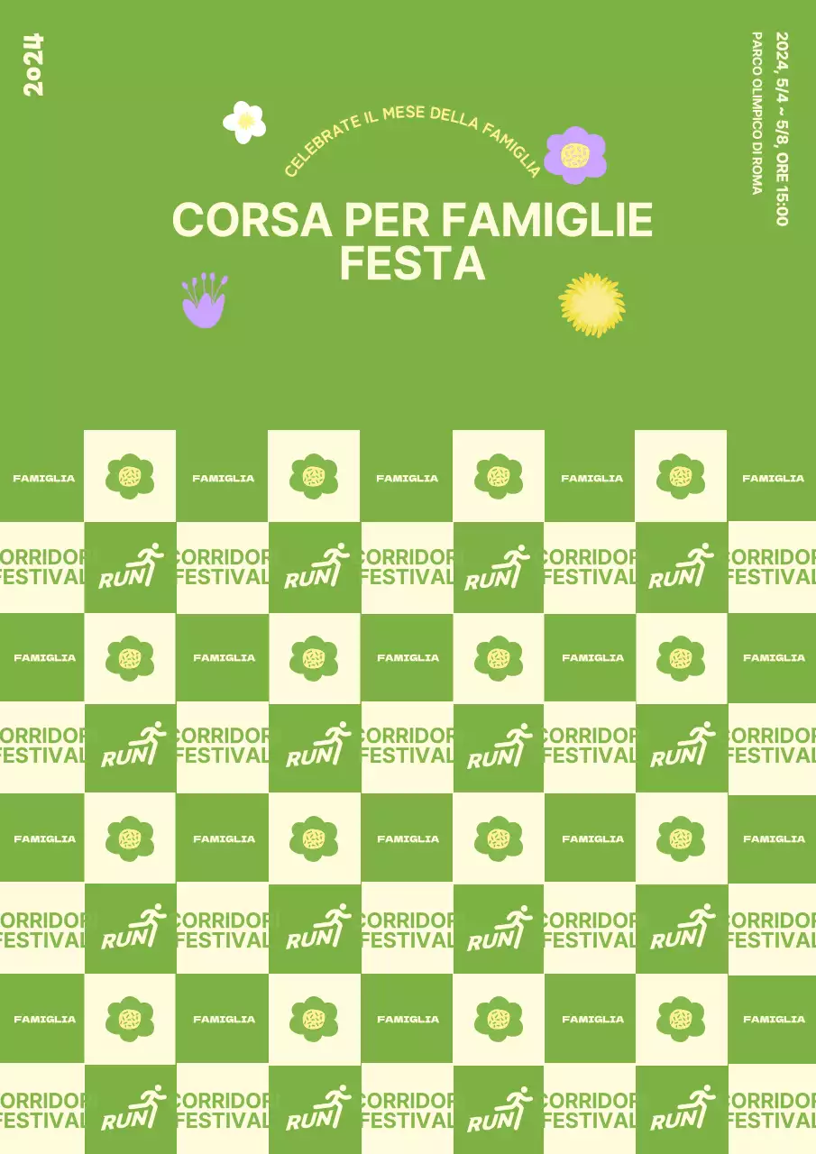 Design di photowall per cabine fotografiche di festival di famiglia con illustrazioni floreali a tema primaverile su sfondo verde