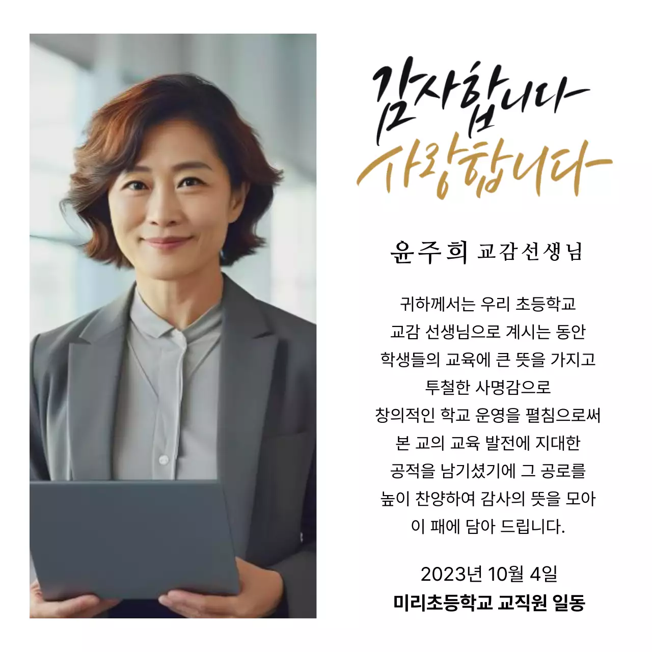 월계수 장식과 원형 사진과 캘리그라피가 있는 고급스러운 느낌의 감사패