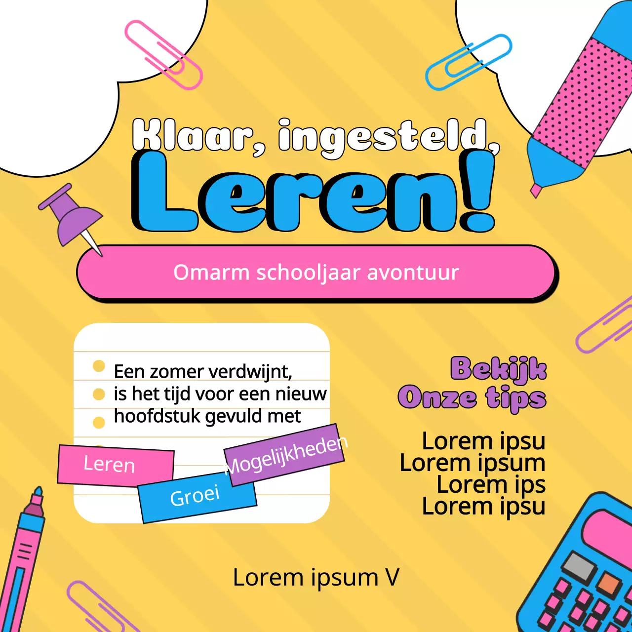 Gele en paarse retro terug naar school reclame.