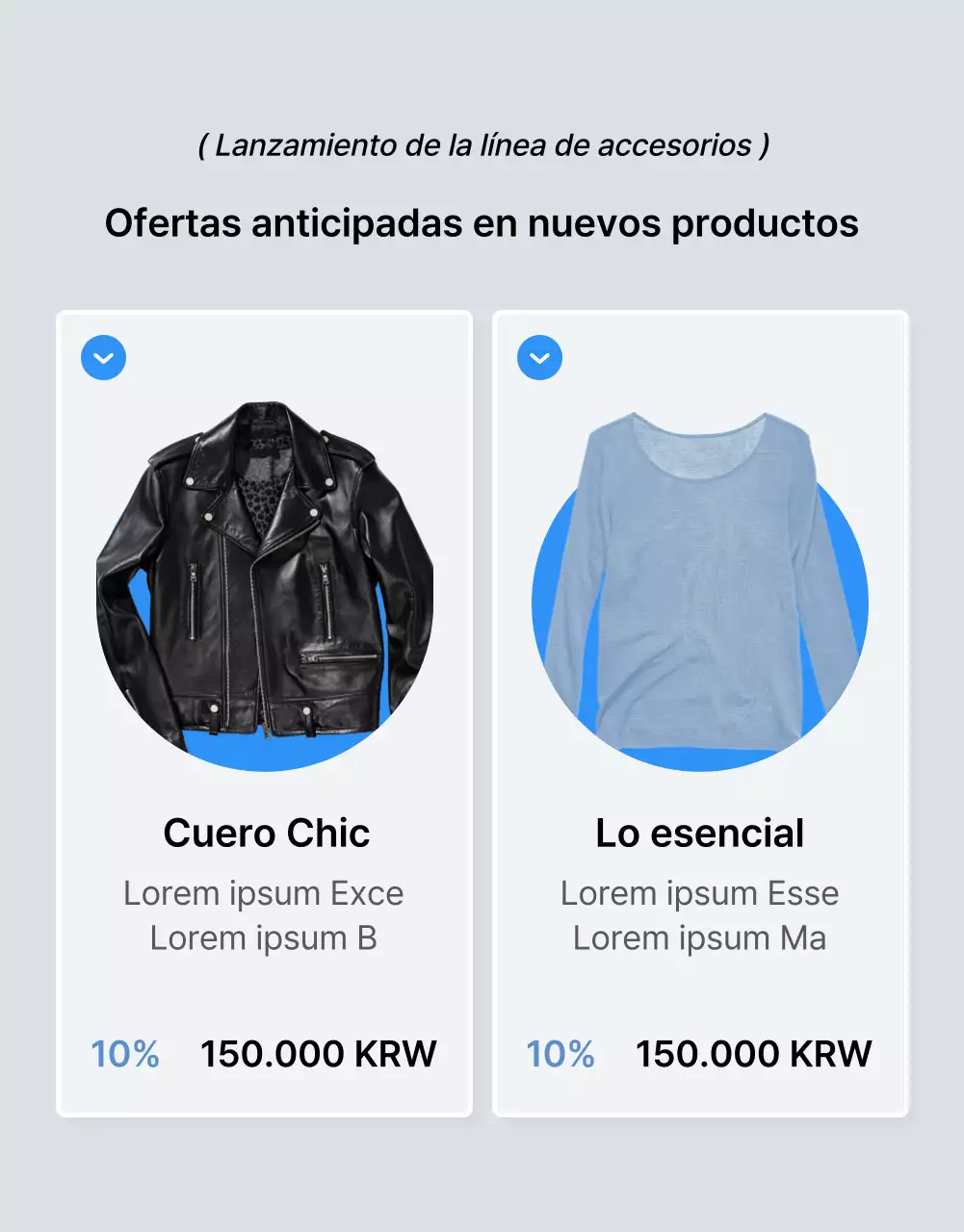 Promover una página móvil de detalles de moda en azul y blanco