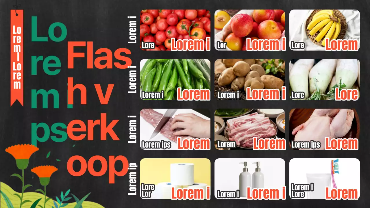 Over de oranje en groene pop-art boodschappenfolder