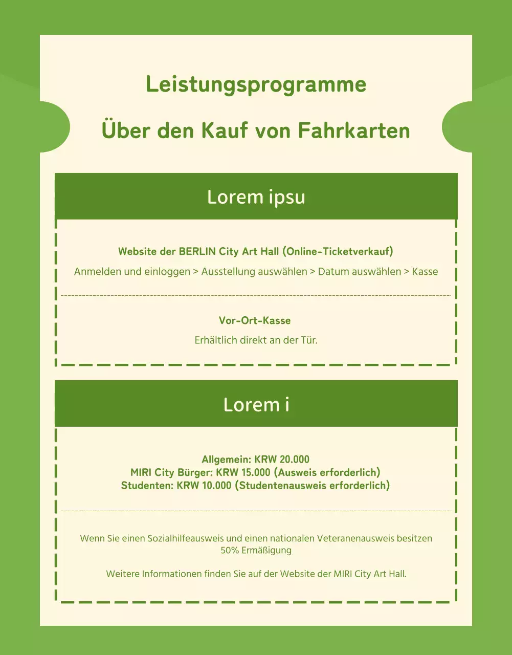 Informationen über das Programm der Aufführungen in diesem gemütlichen lindgrünen und elfenbeinfarbenen Saal