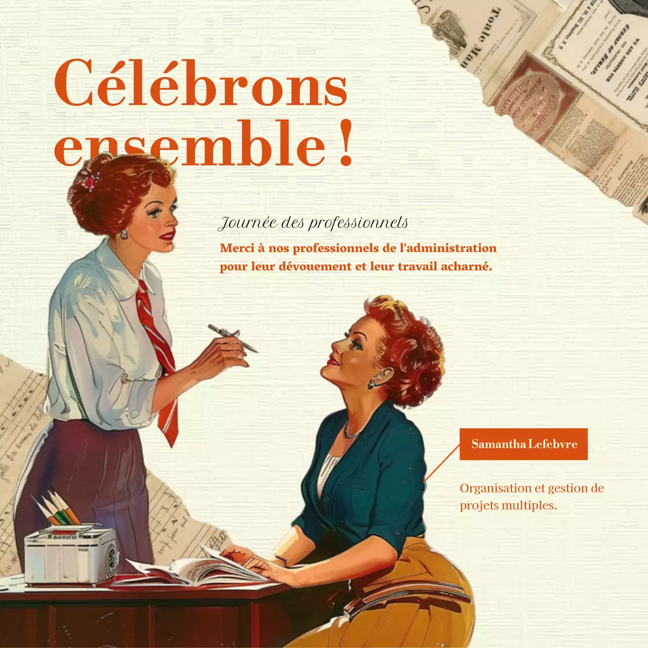 Une publicité classique pour la Journée des professionnels de l'administration en orange et beige