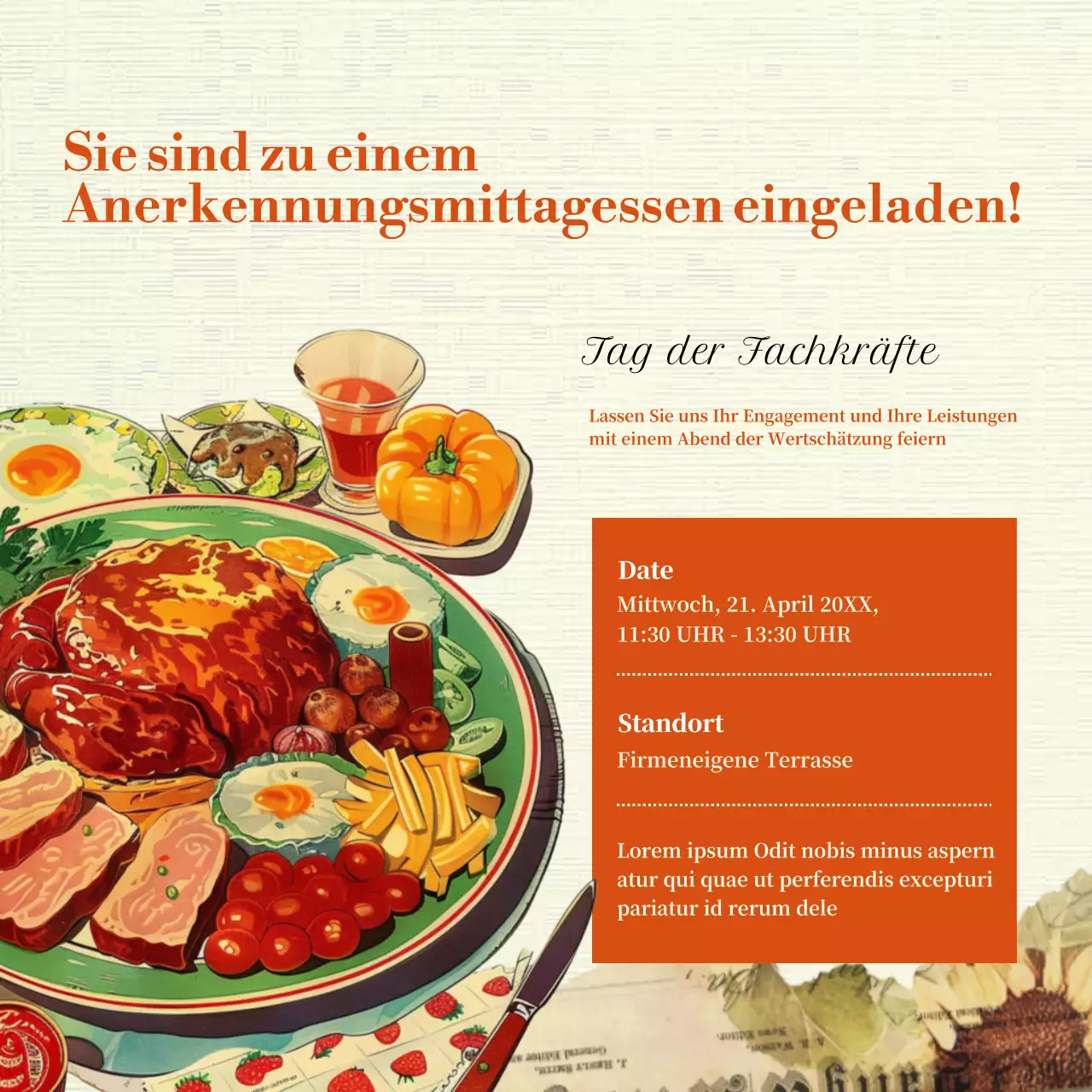 Eine klassische Anzeige zum Tag der Verwaltungsfachleute in Orange und Beige