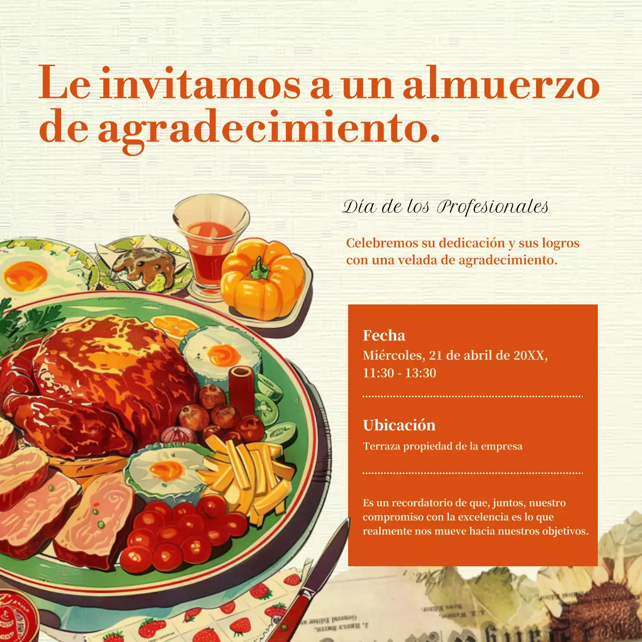 Un anuncio clásico del Día de los Profesionales de la Administración en naranja y beige