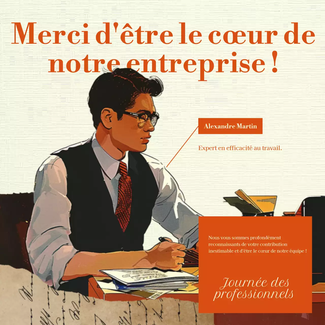 Une publicité classique pour la Journée des professionnels de l'administration en orange et beige