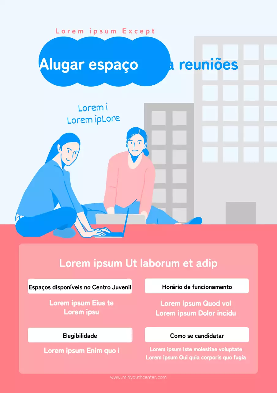 Anúncio simples de aluguer de espaço para reuniões em azul e rosa