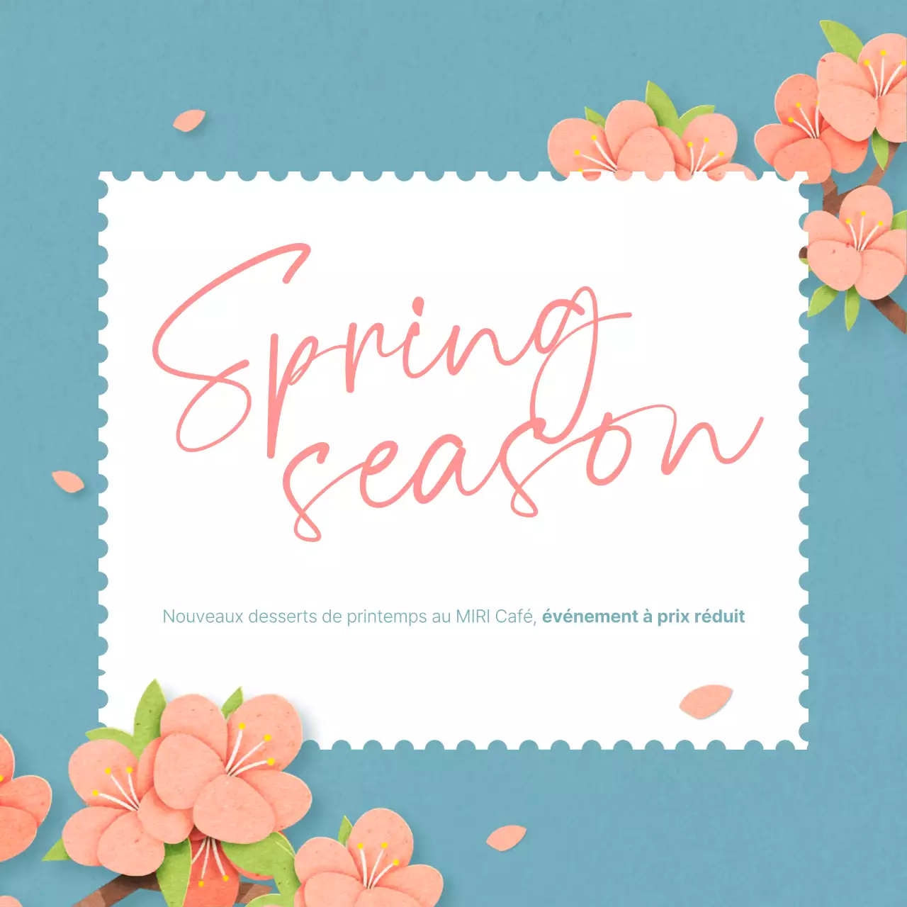 Promouvoir un événement simple de café de printemps en rose et bleu clair