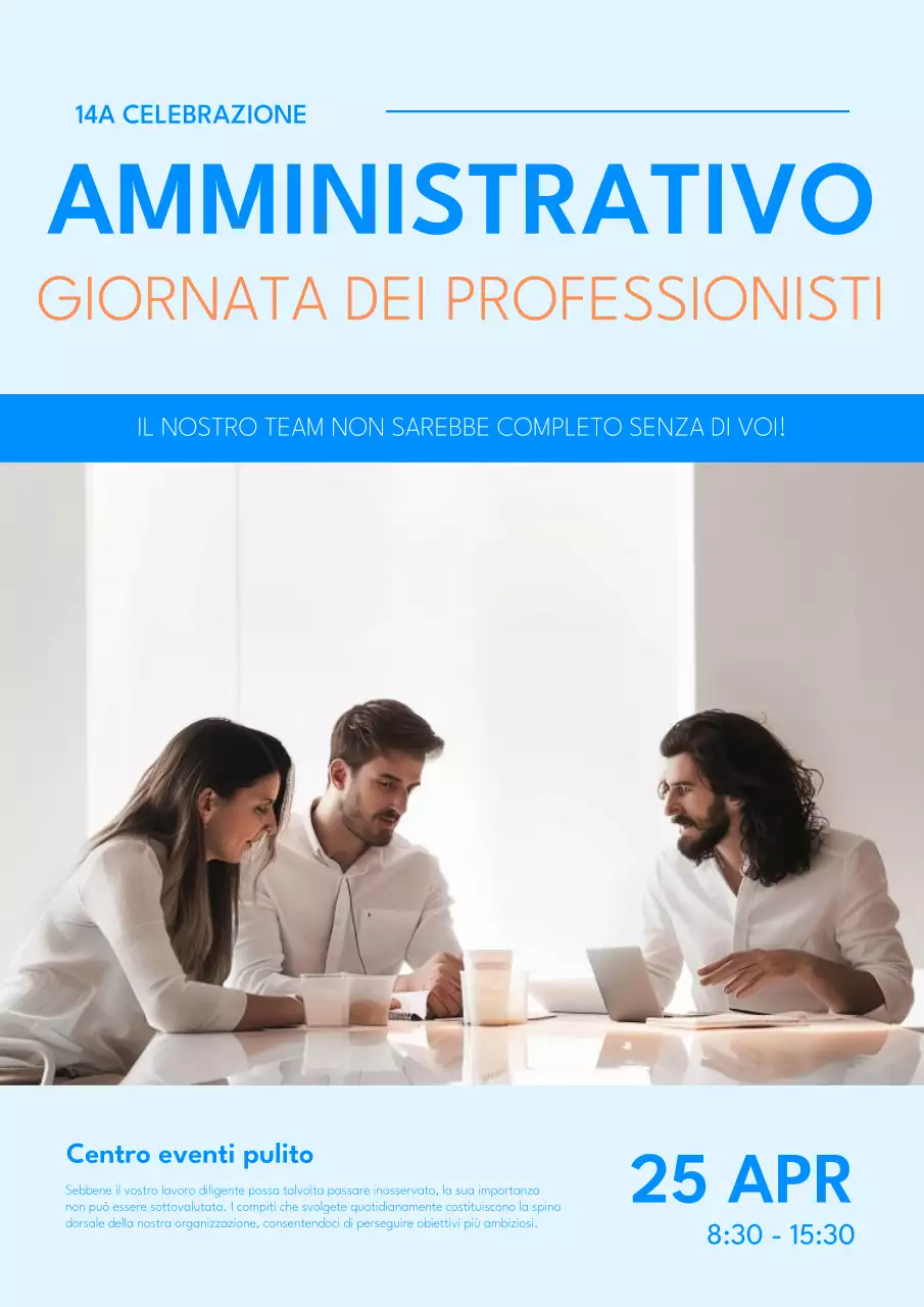 Semplice volantino per un seminario aziendale in azzurro e arancione