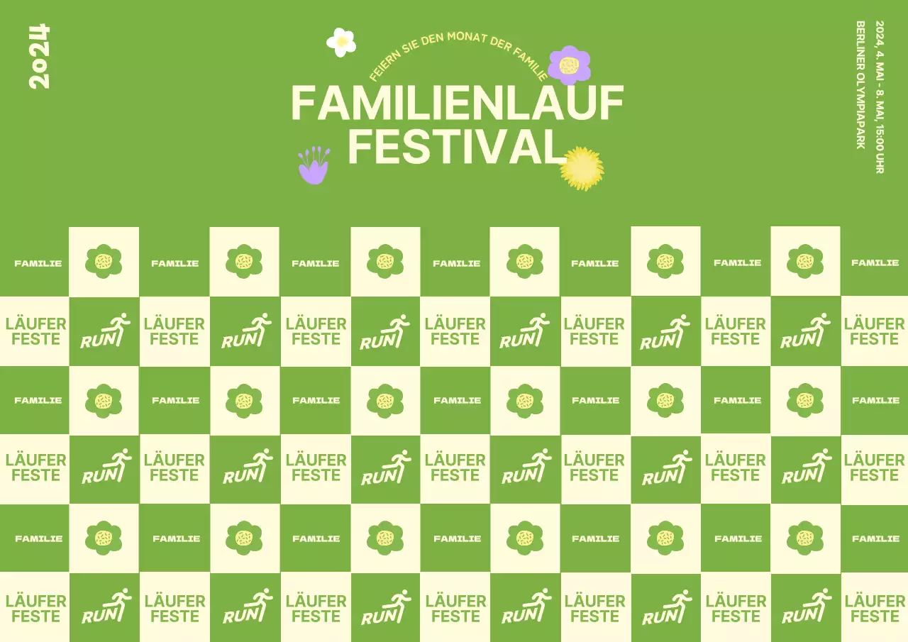 Familie läuft Festival Fotowand Design mit floralen Illustrationen in einem Frühlingsthema vor einem grünen Hintergrund