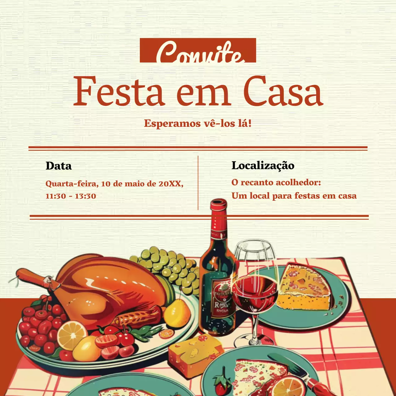 Convite clássico para almoço em bege e vermelho