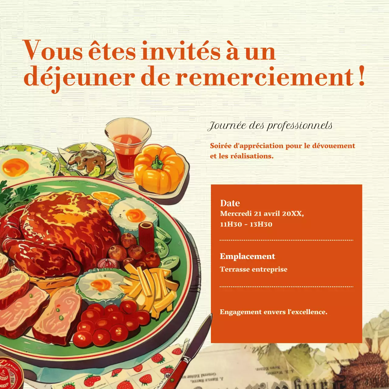 Une publicité classique pour la Journée des professionnels de l'administration en orange et beige