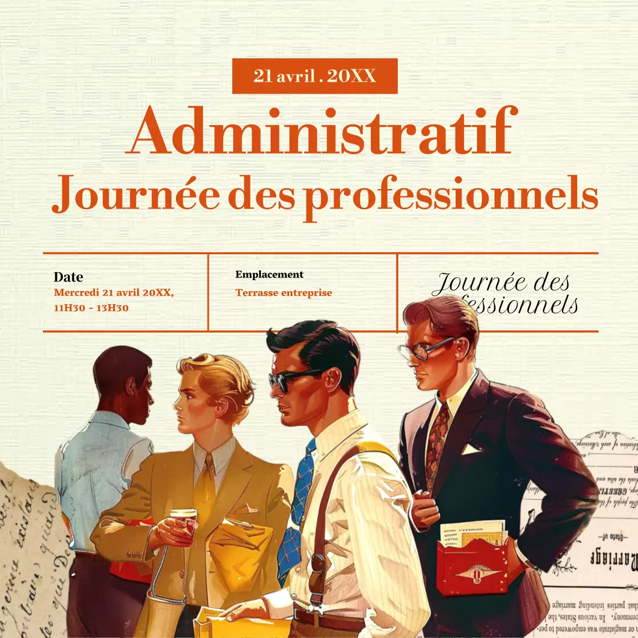 Une publicité classique pour la Journée des professionnels de l'administration en orange et beige