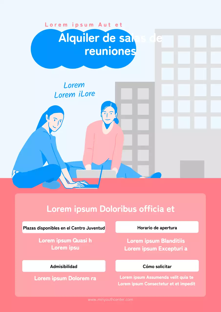 Sencillo anuncio azul y rosa de alquiler de espacio para reuniones