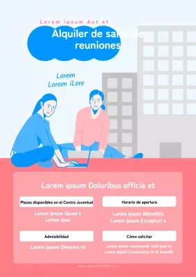 Sencillo anuncio azul y rosa de alquiler de espacio para reuniones