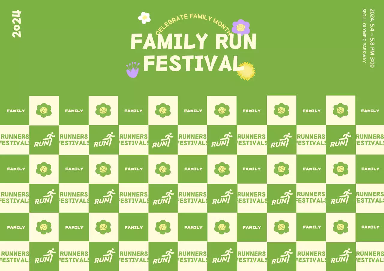 Family running festival photo booth photowall design with floral illustrations with a spring concept on a green background.