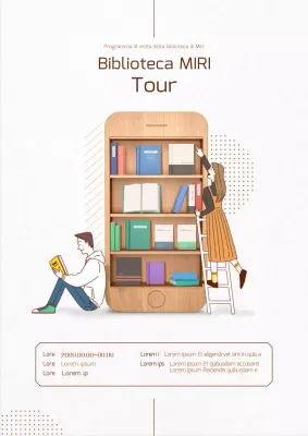 Un semplice manifesto beige che promuove un programma di visite guidate in biblioteca