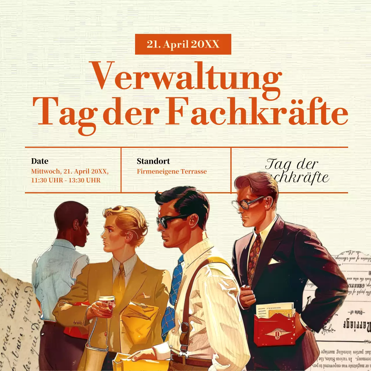 Eine klassische Anzeige zum Tag der Verwaltungsfachleute in Orange und Beige