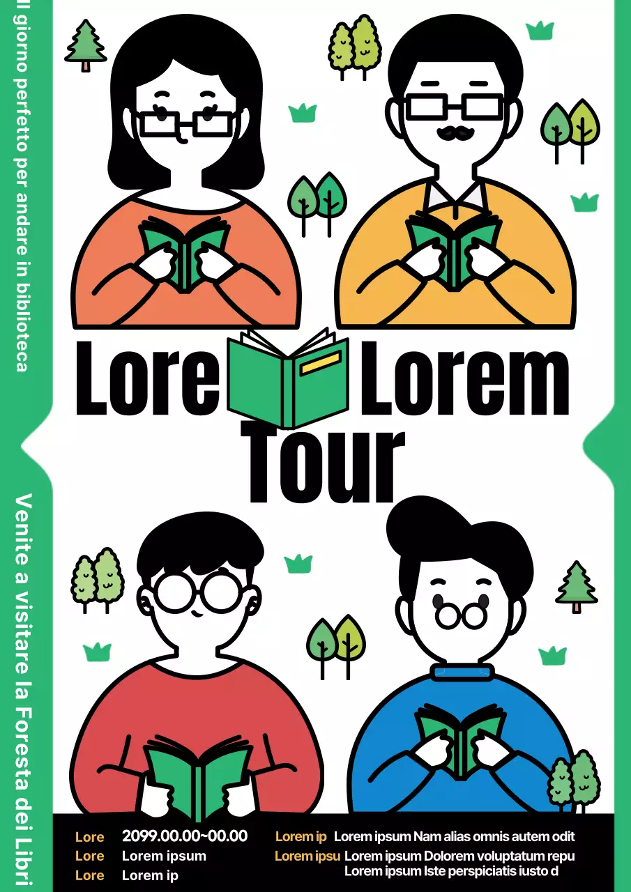 Simpatico poster promozionale del programma di gite in biblioteca in verde e nero