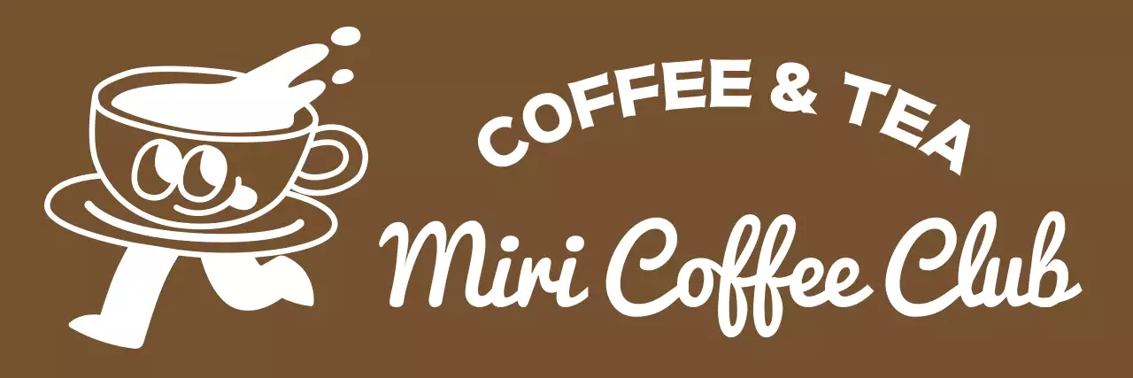 따뜻한 갈색의 하얀색 귀여운 커피잔 캐릭터 심볼과 빈티지한 무드의 텍스트 로고 조합의 바리스타 앞치마 카페 직원용 앞치마