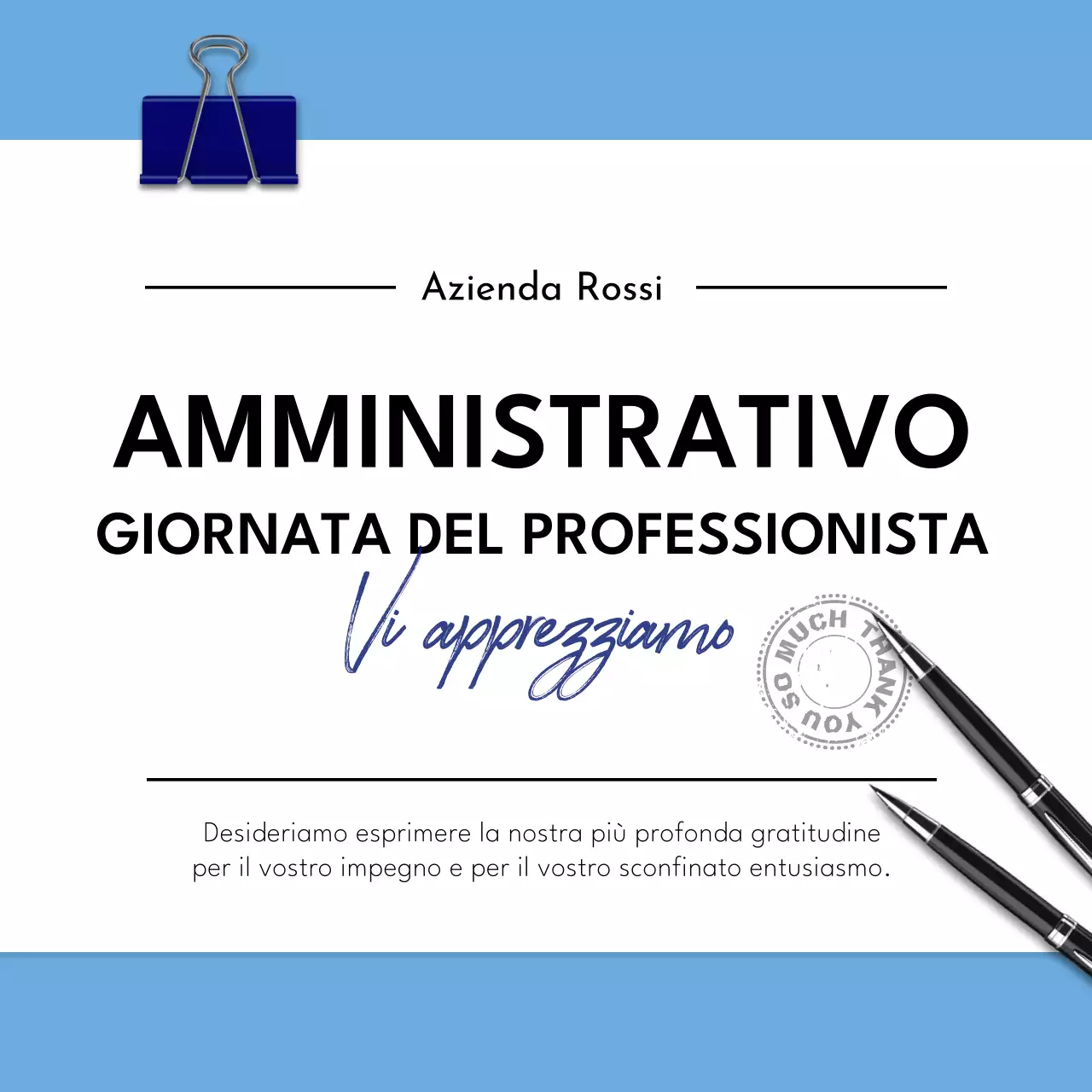Annuncio di un moderno evento blu e bianco per la Giornata dei professionisti dell'amministrazione