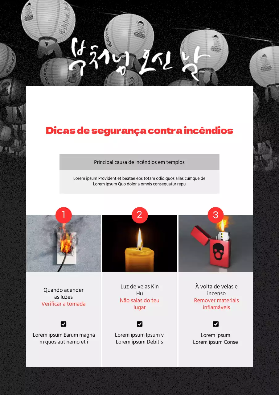 Conselhos simples de segurança contra incêndios em preto e vermelho