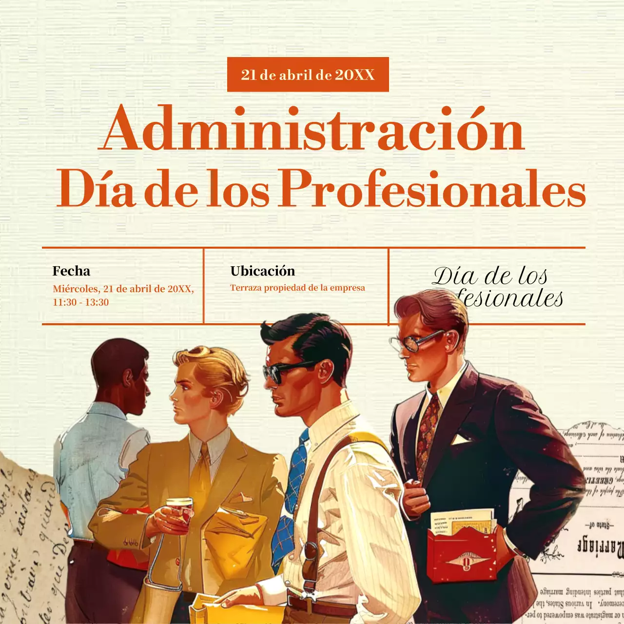 Un anuncio clásico del Día de los Profesionales de la Administración en naranja y beige