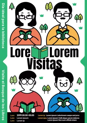 Bonito cartel promocional del programa de excursiones de la biblioteca en verde y negro