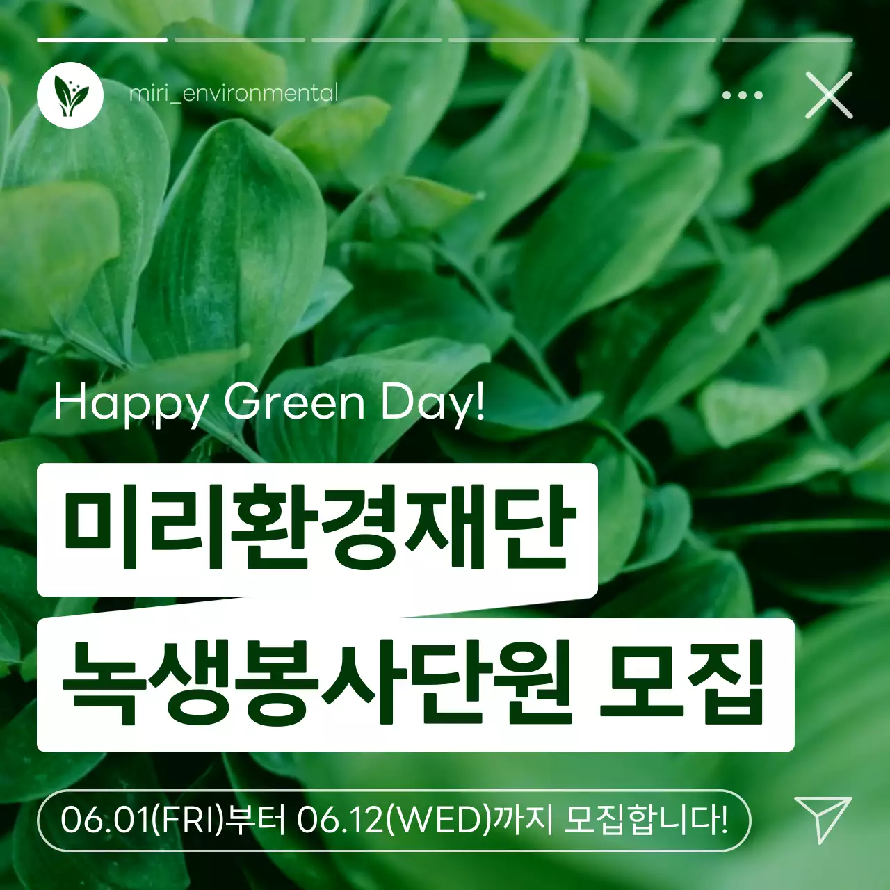 초록과 흰색의 모던한 환경봉사단원 모집 홍보