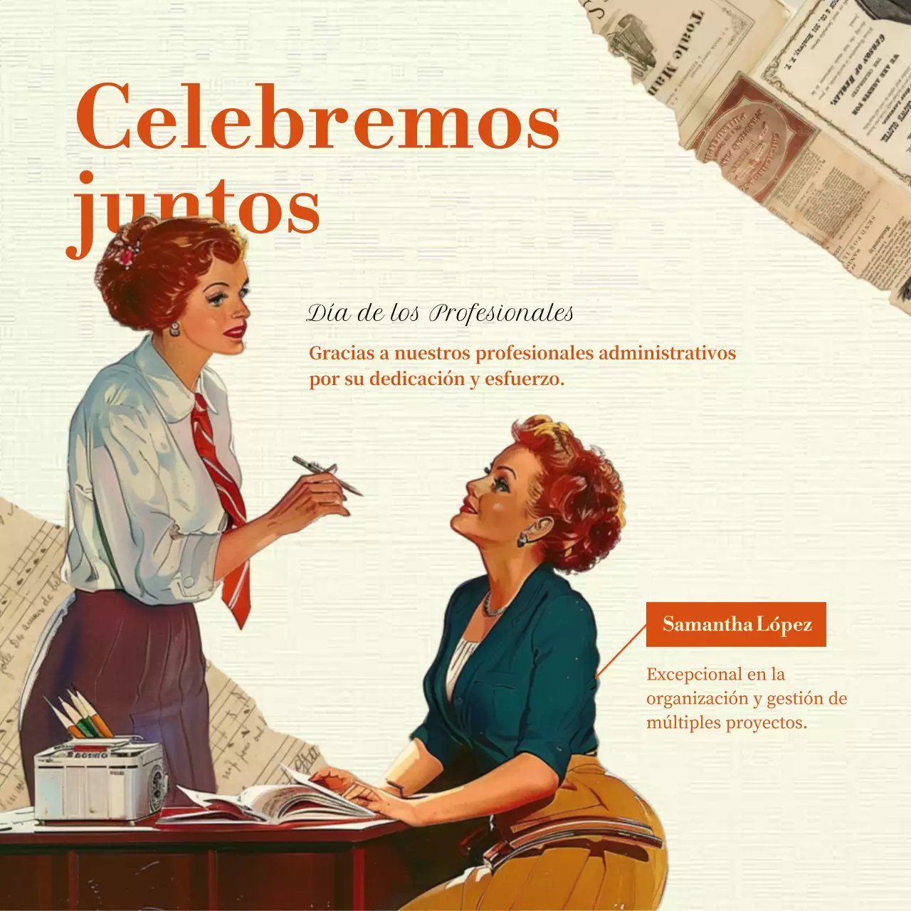 Un anuncio clásico del Día de los Profesionales de la Administración en naranja y beige