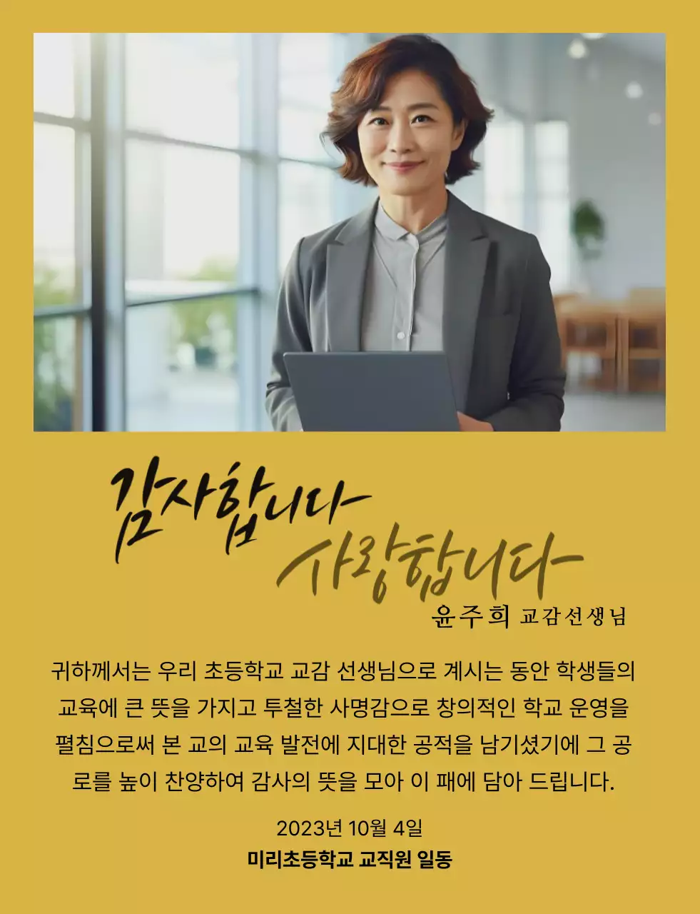 사진과 캘리그라피가 있는 고급스러운 느낌의 감사패