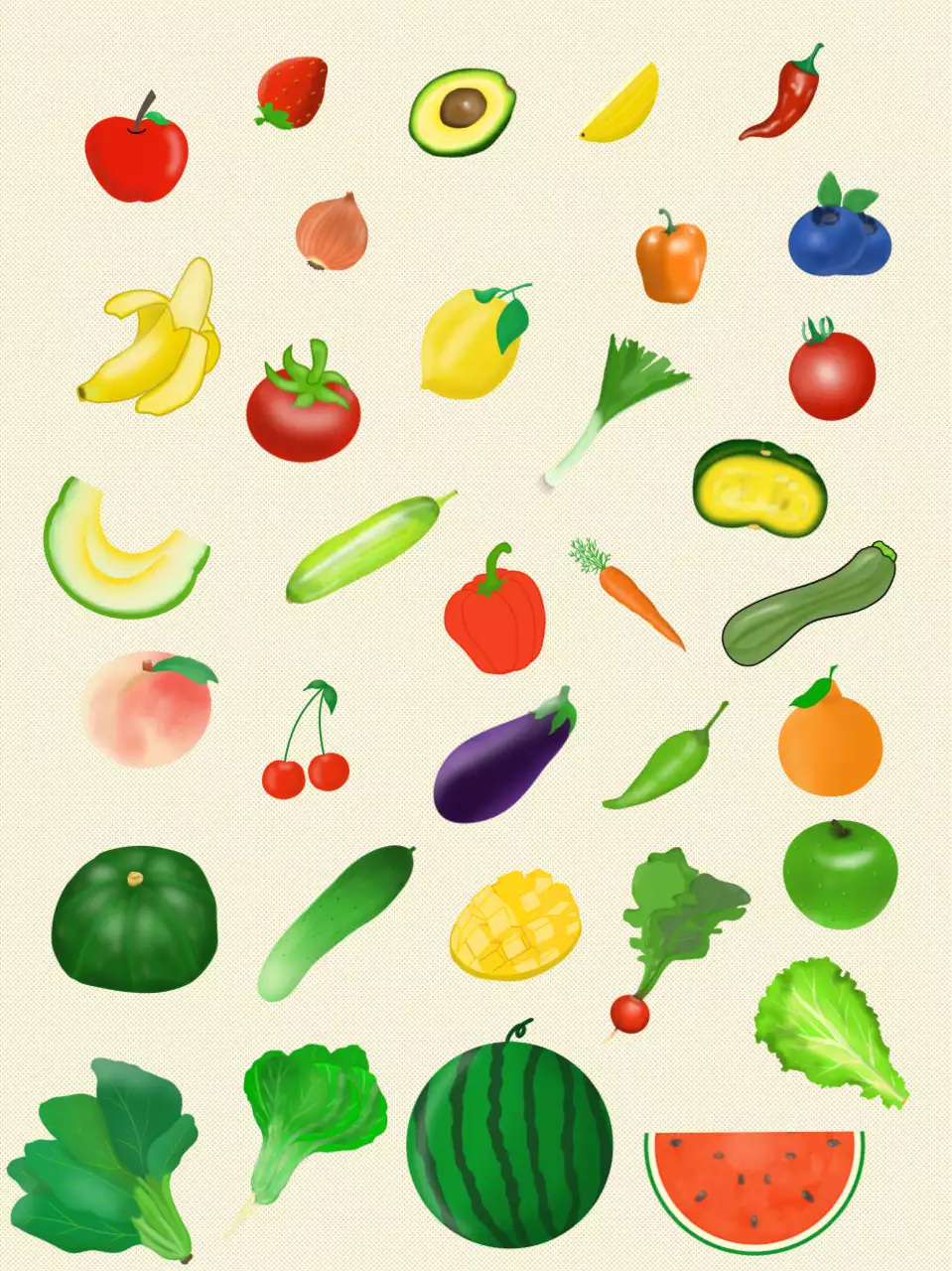 노랑 배경 일러스트 컨셉의 알록 달록 싱싱한 과일 야채 모음